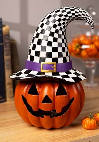 10 Inch Lighted Halloween Pumpkin with Witch Hat